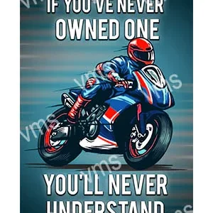 A motorcyclist riding a sportbike with a quote about ownership and understanding.