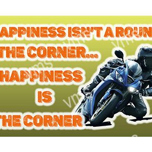 Motorcycle rider with happiness quote about life and joy.