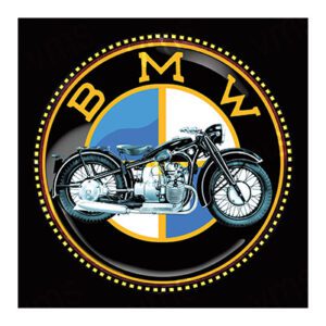 Vintage BMW motorcycle logo with classic bike illustration.