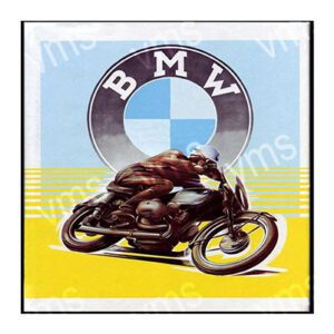 Vintage-style BMW motorcycle illustration with rider in black gear.