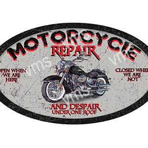 Vintage motorcycle repair sign with a distressed look.