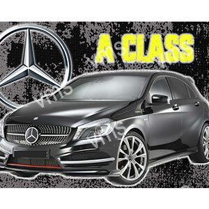 Sleek black Mercedes A-Class car with a bold logo and yellow text.