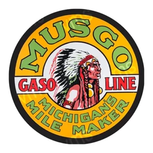 Vintage circular logo featuring a Native American chief and the text 'Musgo Gasoline Michigan's Mile Maker'.