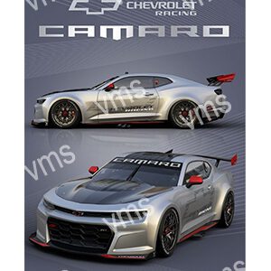 Silver Chevrolet Camaro with racing decals at an auto show.