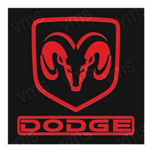 Red and black Dodge ram logo with text.