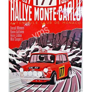 Vintage Rallye Monte-Carlo poster featuring a red race car on a snowy mountain road.