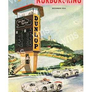 Vintage Dunlop racing advertisement featuring classic cars and a scenic track.