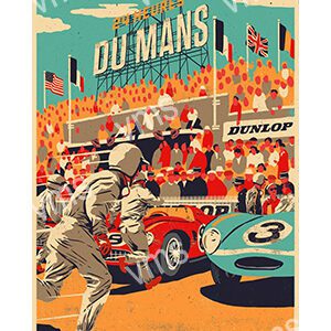 Vintage poster of the 24 Hours of Le Mans race with racing cars and pit crew.