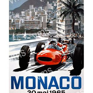 Vintage Monaco Grand Prix poster featuring a classic race car.