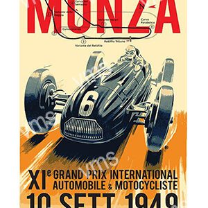 Vintage poster of a classic race car at Monza, 1948.