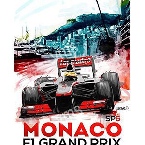 Poster for the Monaco F1 Grand Prix featuring a racing car and cityscape.
