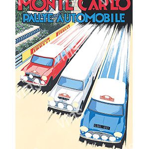 Vintage poster showcasing three colorful cars racing in Monte Carlo.
