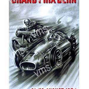 Vintage Grand Prix racing poster with a classic race car and driver in black and white.