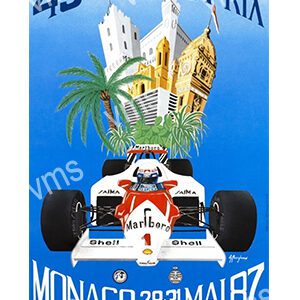 A Formula 1 car with a Monaco backdrop and palm trees.