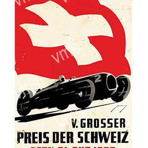 Vintage poster advertising the 5th Swiss Grand Prix with a racing car and Swiss flag.