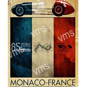 Vintage Monaco-France Grand Prix poster with racing cars and French flag.