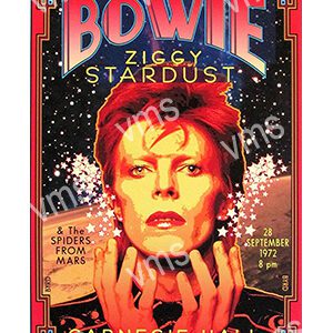 Vintage poster of David Bowie as Ziggy Stardust in vibrant colors.