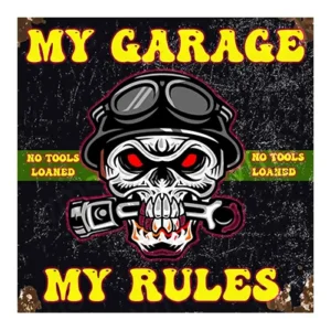 Edgy skull design with goggles and pistols, captioned 'My Garage, My Rules'.