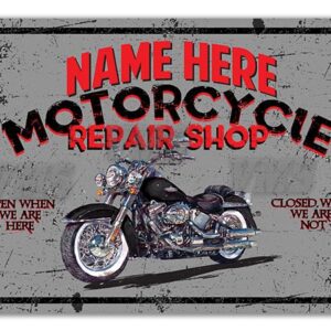 Vintage motorcycle repair shop sign with customizable name space.