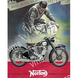 Vintage Norton motorcycle advertisement featuring a rider in action.