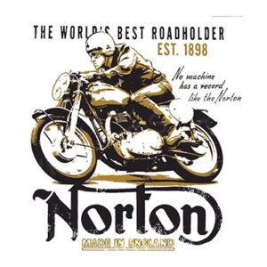 Vintage Norton motorcycle advertisement showcasing a rider in classic gear.