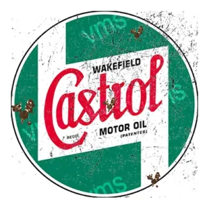 Vintage Castrol motor oil sign with a distressed look.