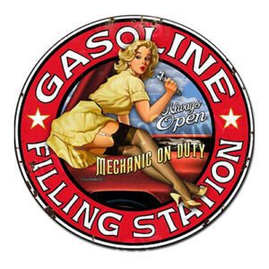 Vintage Gasoline Filling Station sign with a classic pin-up girl illustration.