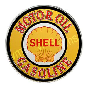 Vintage Shell motor oil and gasoline sign with a yellow background.