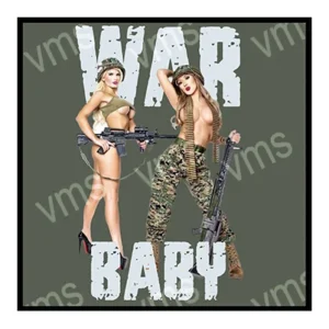 A man and woman posing with rifles, 'WAR BABY' text above and below.