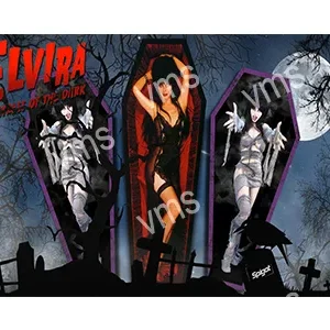 Elvira in a spooky graveyard with skeletons and coffins.