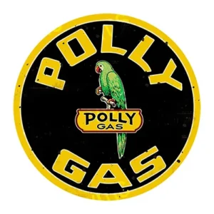 Vintage Polly Gas sign with a green parrot logo.