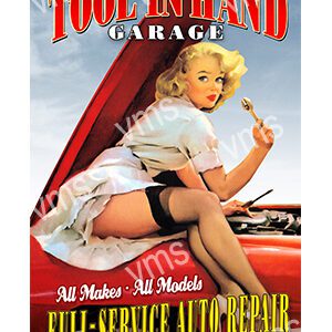Vintage pin-up girl leaning on a red car with a playful smile.