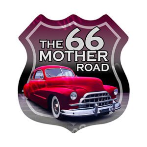 A vintage red car on a Route 66 themed shield logo.