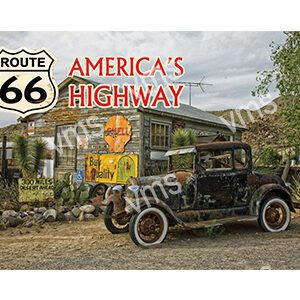 Vintage car on Route 66 with Americana roadside attractions.