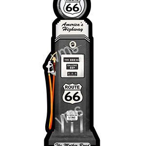 Vintage Route 66 gas pump with retro design and signage.