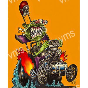 A fierce green creature driving a hot rod with flames and mechanical details.