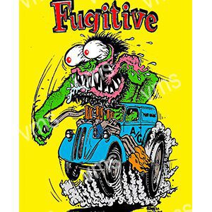 Cartoon of a wild, green creature driving a blue car with the word 'Fugitive' above.