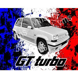 White GT Turbo car with a dynamic red, white, and blue background.