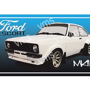Classic white Ford Escort with sporty wheels and vintage design.