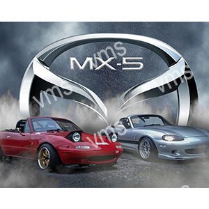 Two Mazda MX-5 cars with a large Mazda emblem in the background.