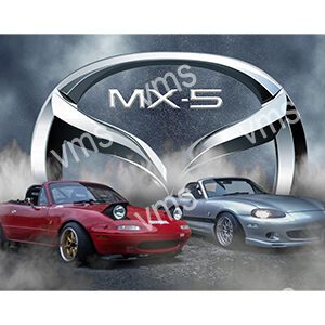 Two Mazda MX-5 cars in front of a large Mazda logo and MX-5 text.
