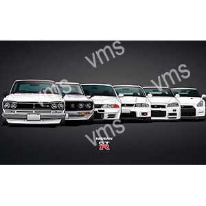 A lineup of five Nissan GT-R cars in various models and colors.