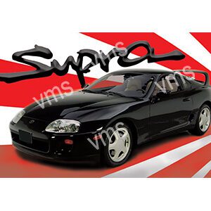 Black Toyota Supra sports car with red and white background graphics.