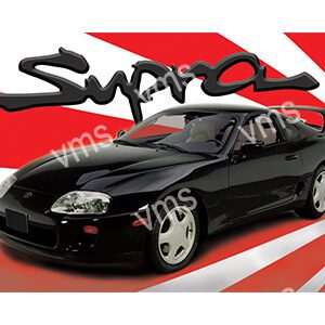 Black Toyota Supra with red and white graphic background.