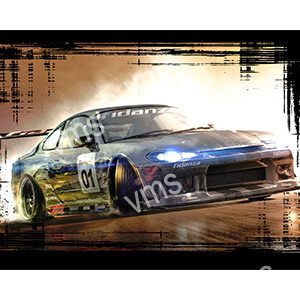 A sleek race car speeding on a grungy, textured background.