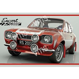 Red Ford Escort RS2000 classic rally car with four front spotlights.
