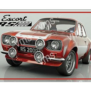Classic red Ford Escort RS1600 with rally lights and vintage details.