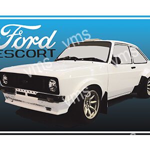 Classic white Ford Escort car with sporty design and alloy wheels.