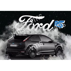 A sleek black Ford RS with smoke effects and illuminated logo.