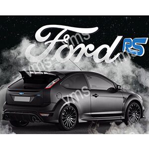 Matte black Ford RS with smoke and bold logo background.